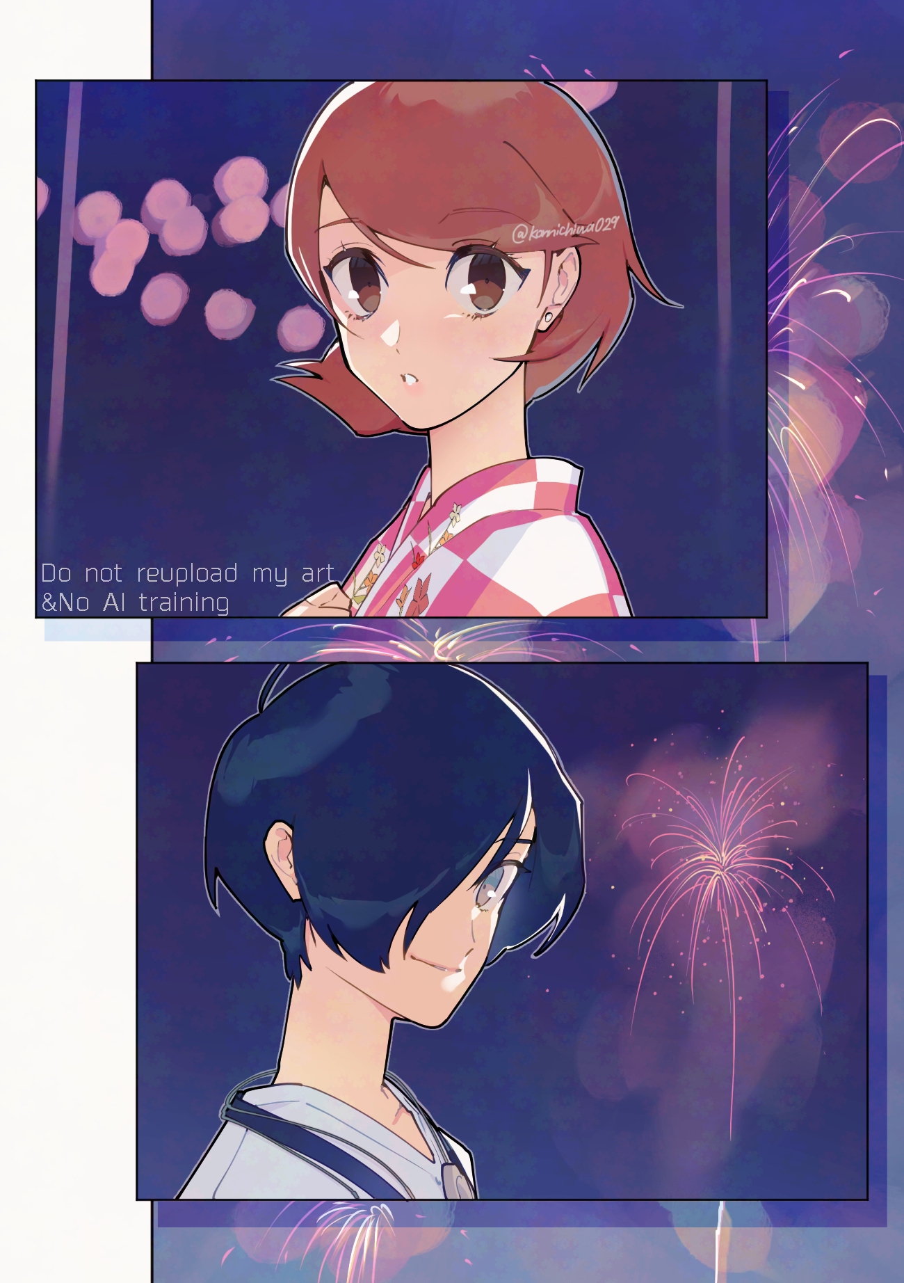 otoseto, takeba yukari, yuuki makoto (persona 3), persona, persona 3, persona 3 reload, commentary request, highres, 1boy, 1girl, aerial fireworks, blue hair, brown eyes, brown hair, checkered clothes, checkered kimono, closed mouth, earphones removed, earrings, fireworks, flipped hair, floral print, floral print kimono, from side, grey eyes, hair over one eye, japanese clothes, jewelry, kimono, looking at viewer, looking to the side, night, night sky, official alternate costume, outdoors, parted lips, pink kimono, print kimono, shirt, short hair, sky, smile, stud earrings, summer festival, twitter username, two-tone kimono, upper body, white kimono, white shirt, yukata