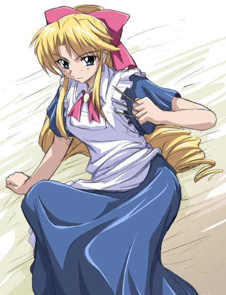 bioroid hei, tagme, 1girl, blonde hair, drill hair, female focus, lying, maid, solo