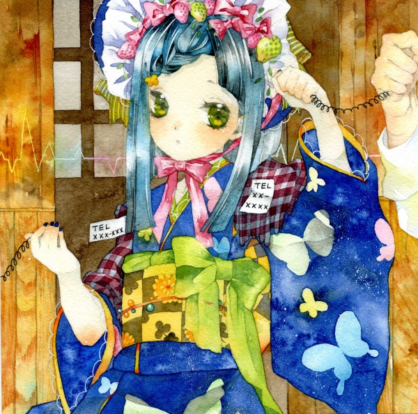 nanakami mana, original, commentary request, painting (medium), traditional media, watercolor (medium), 1boy, 1girl, antique phone, aqua hair, bonnet, cable, expressionless, green eyes, japanese clothes, kimono, long hair, obi, personification, phone, rotary phone, sash, solo focus