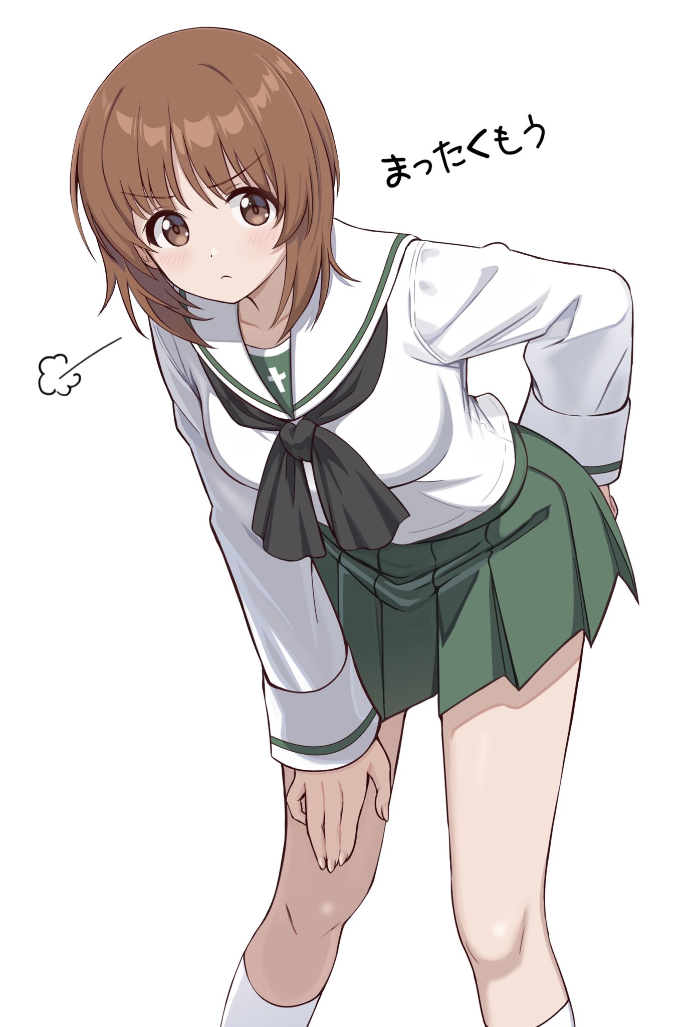 zaofeng, nishizumi miho, girls und panzer, highres, translation request, 1girl, black sailor collar, blush, braid, breasts, brown eyes, brown hair, collarbone, feet out of frame, green skirt, large breasts, looking at viewer, ooarai school uniform, sailor collar, school uniform, shirt, short hair, single braid, skirt, solo, standing, thighhighs, white background, white shirt, white thighhighs