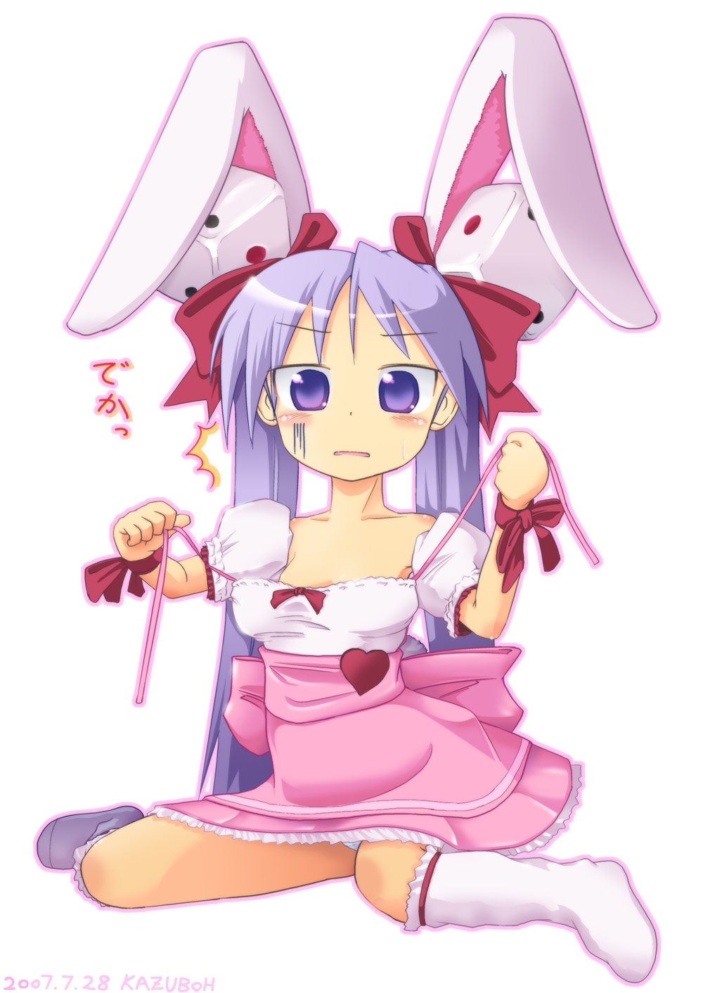 kazuboh, hiiragi kagami, usada hikaru, di gi charat, lucky star, highres, animal ears, blush, cosplay, crossover, dress, long hair, panties, rabbit ears, socks, solo, twintails, underwear, usada hikaru (cosplay), wardrobe malfunction