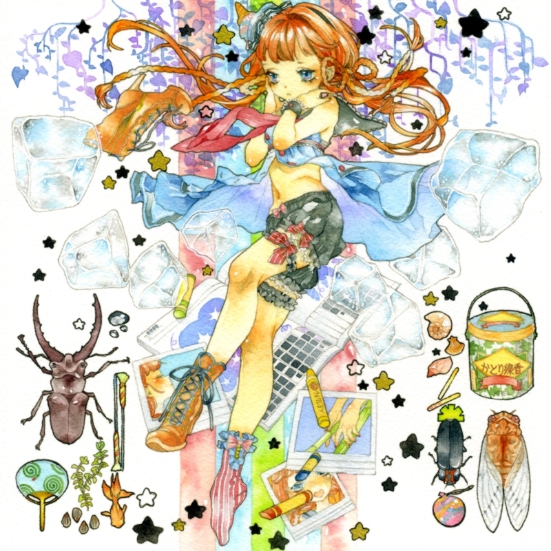 nanakami mana, original, commentary request, painting (medium), traditional media, watercolor (medium), 1girl, blue dress, blue eyes, boots, bug, colorful, dress, fish, flower, full body, hat, high heel boots, high heels, ice, ice cube, long hair, magazine (object), morning glory, navel, orange hair, personification, photo (object), shoes, single shoe, solo, thigh strap