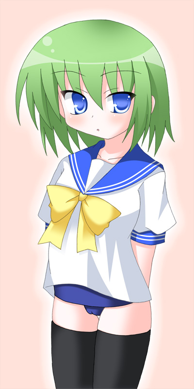 iwasaki minami, lucky star, 00s, blue eyes, bow, green hair, school uniform, serafuku, swimsuit, swimsuit under clothes, thighhighs