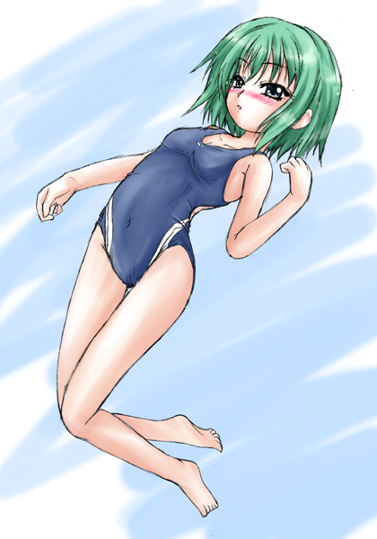 yo-jin, iwasaki minami, lucky star, tagme, 00s, 1girl, blush, breasts, female focus, full body, solo, swimsuit