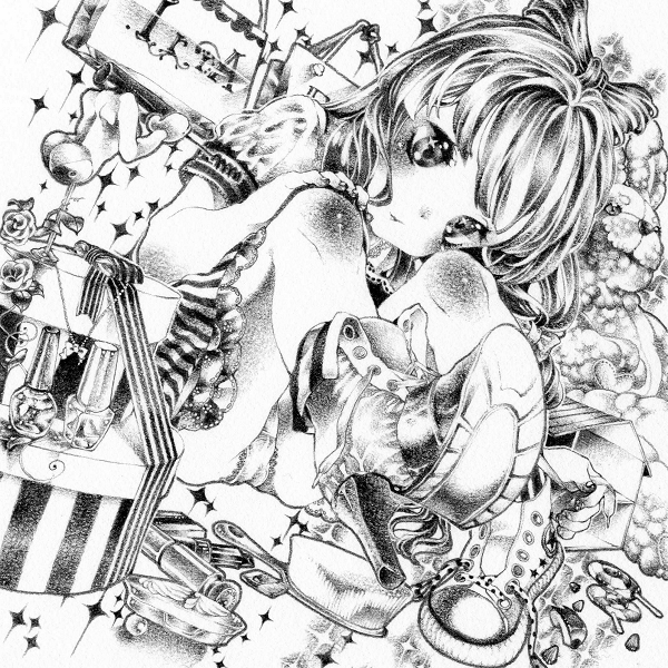 nanakami mana, original, commentary request, traditional media, 1girl, blush, boots, candy, dress, food, greyscale, high heel boots, high heels, long hair, looking at viewer, monochrome, panties, pantyshot, sitting, solo, underwear