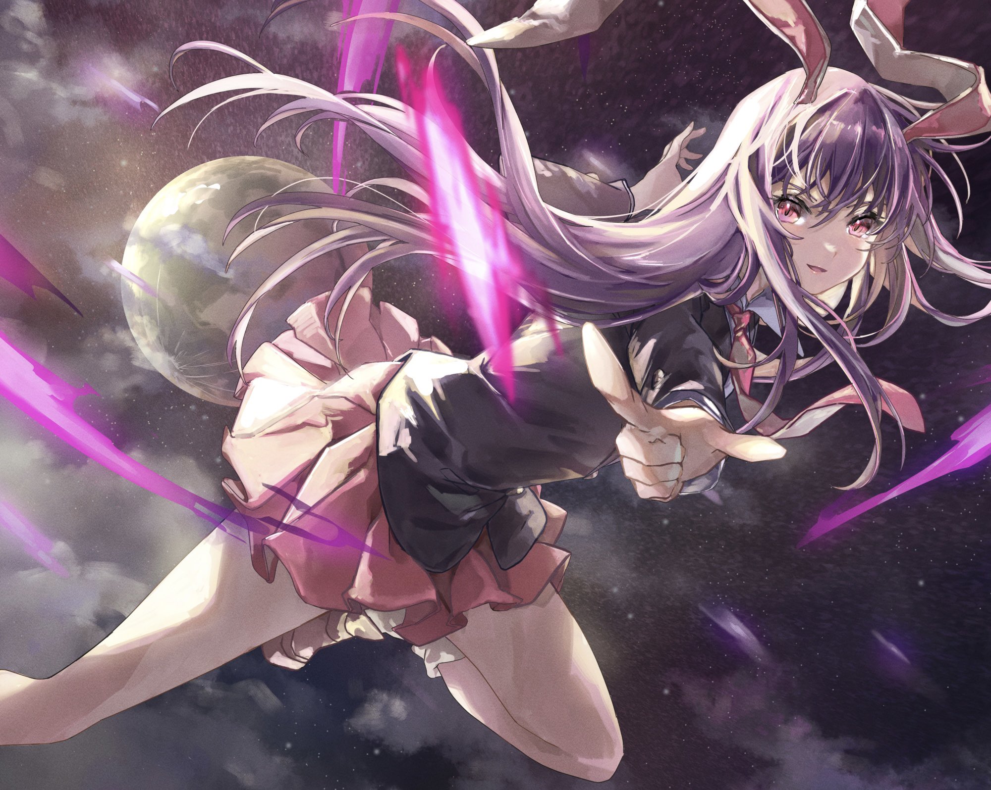 nanop38, reisen udongein inaba, touhou, commentary request, highres, 1girl, animal ears, black jacket, brown shoes, buttons, cloud, finger gun, firing, firing at viewer, flying, from side, full moon, grey shirt, jacket, long hair, looking at viewer, looking to the side, miniskirt, moon, necktie, night, night sky, pink eyes, pink skirt, purple hair, rabbit ears, rabbit girl, red necktie, shirt, shoes, skirt, sky, socks, solo, star (sky), starry sky, thighs, white socks