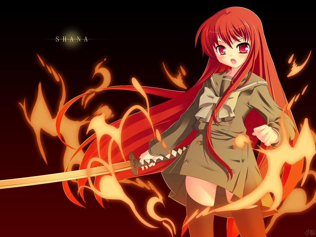 natsumiya yuzu, shana, shakugan no shana, 00s, fire, red eyes, red hair, school uniform, serafuku, sword, thighhighs, weapon