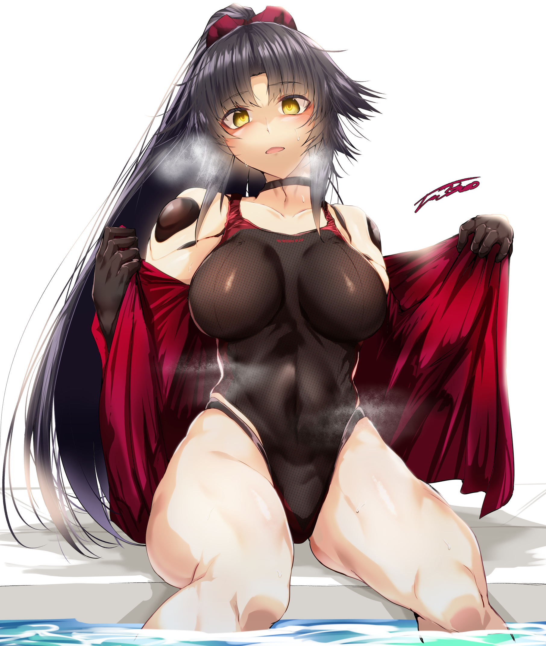 tgxx3300, kashin koji (fate), katou danzou (fate), fate/grand order, fate (series), commentary, highres, 1girl, android, artist name, bare shoulders, black hair, black one-piece swimsuit, bow, breasts, collarbone, covered navel, hair bow, large breasts, light blush, long hair, looking at viewer, one-piece swimsuit, open mouth, ponytail, pool, red bow, sidelocks, simple background, solo, sweat, swimsuit, undressing, water, white background, yellow eyes