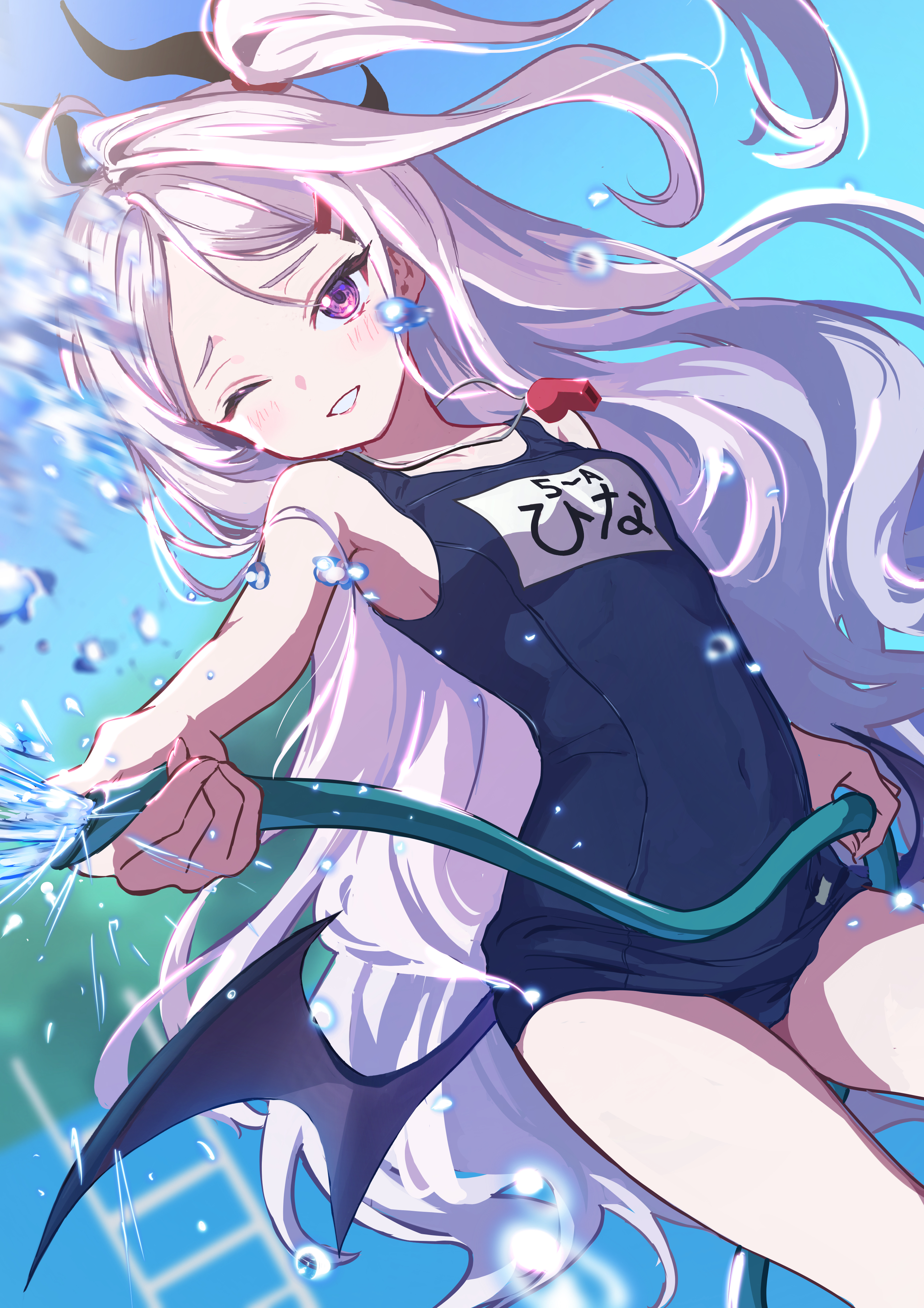 uni sirasu, hina (blue archive), hina (swimsuit) (blue archive), blue archive, absurdres, commentary request, highres, 1girl, ;d, ahoge, blue sky, blurry, collarbone, demon girl, demon horns, demon wings, depth of field, forehead, hair ornament, hairclip, holding, holding hose, horns, hose, long hair, looking at viewer, name tag, official alternate costume, official alternate hairstyle, old school swimsuit, one eye closed, one side up, open mouth, outdoors, parted bangs, pool, purple eyes, school swimsuit, sidelocks, sky, smile, solo, stairs, swimsuit, water, water drop, wavy hair, whistle, whistle around neck, white hair, wings