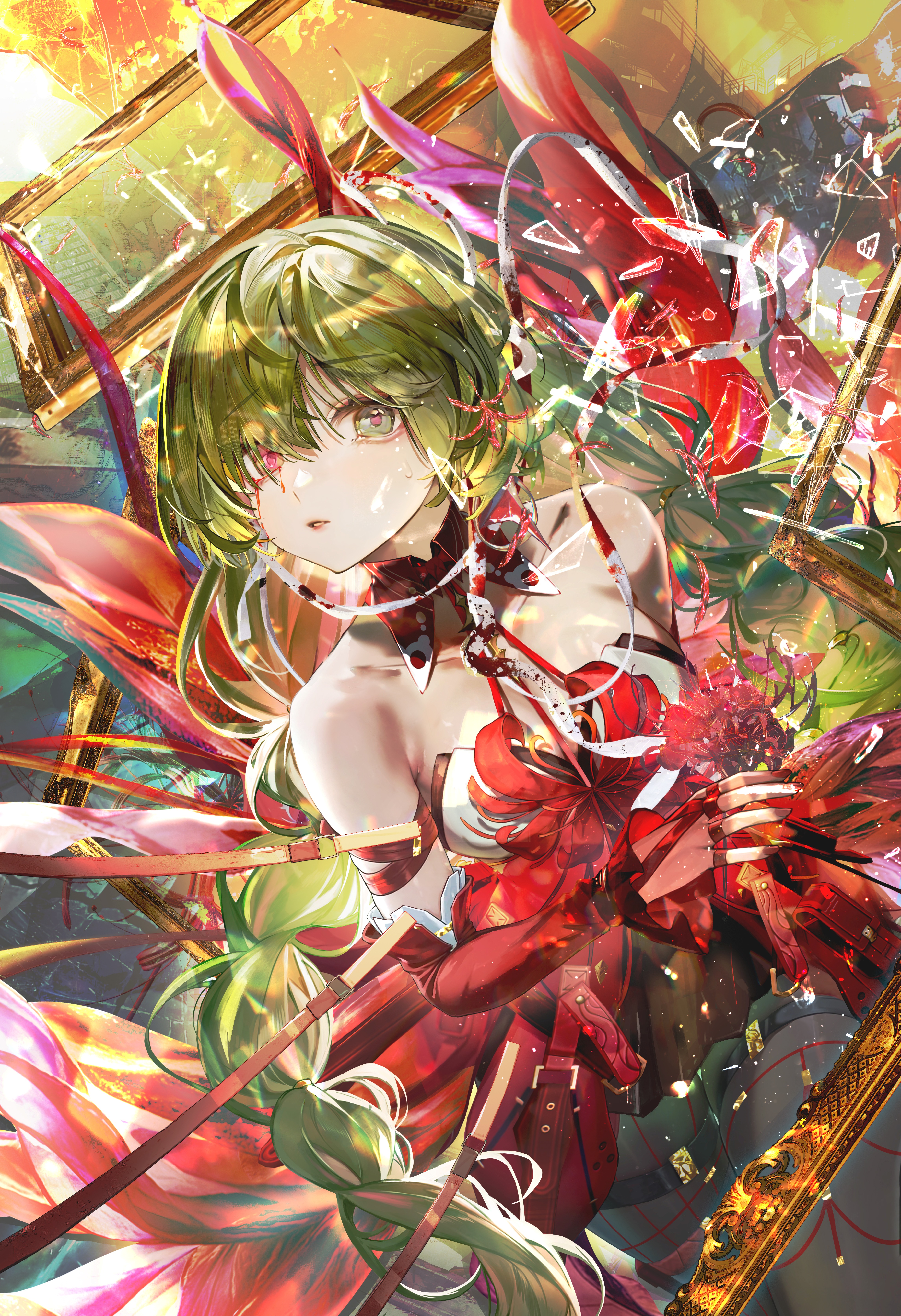 jin sumire, phrolova (wuthering waves), wuthering waves, absurdres, commentary, highres, 1girl, bare shoulders, black pantyhose, black skirt, blood, bloody tears, braid, breasts, collarbone, detached sleeves, dress, fingernails, grey eyes, grey hair, halter dress, halterneck, heterochromia, long hair, looking at viewer, low twin braids, medium breasts, multicolored hair, nail polish, pantyhose, parted lips, red dress, red eyes, red nails, single detached sleeve, skirt, solo, streaked hair, twin braids