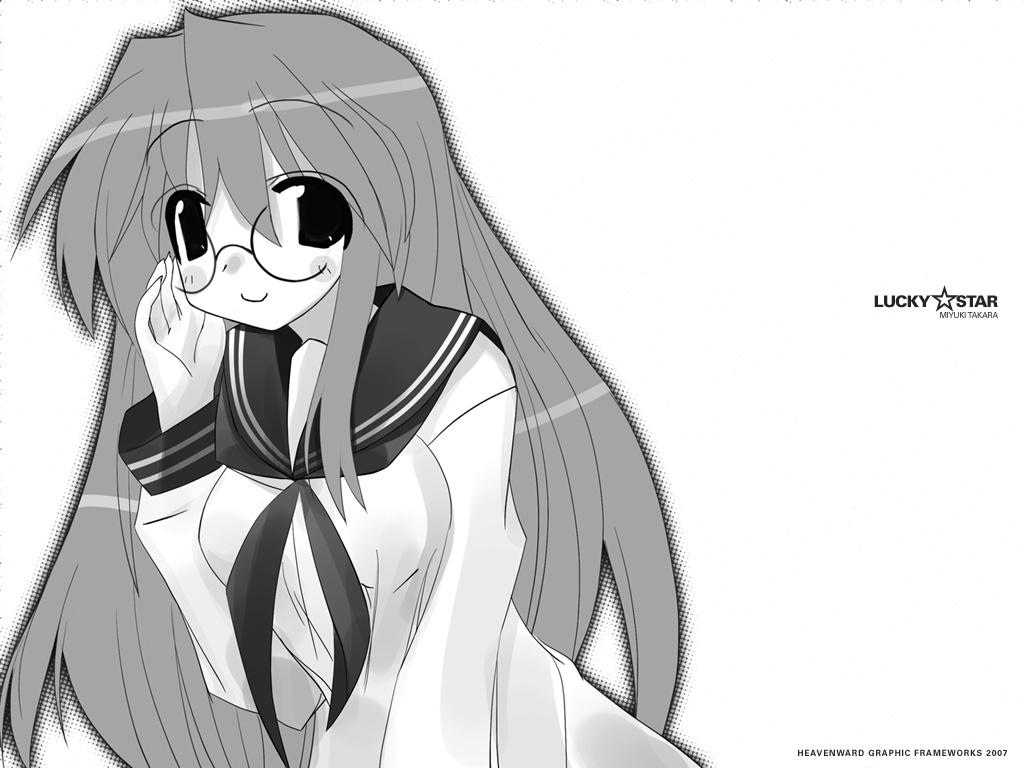 takara miyuki, lucky star, 00s, glasses, monochrome, school uniform, serafuku, sketch