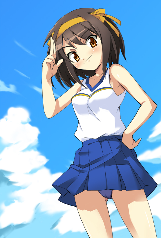 nippori, suzumiya haruhi, suzumiya haruhi no yuuutsu, 00s, 1girl, brown hair, buruma, cheerleader, cloud, day, female focus, panties, salute, short hair, sky, solo, two-finger salute, underwear