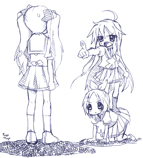 choborau nyopomi, hiiragi kagami, hiiragi tsukasa, izumi konata, lucky star, 00s, 3girls, all fours, blue theme, monochrome, multiple girls, pointing, school uniform, serafuku, siblings, sisters, sketch, skirt, twins