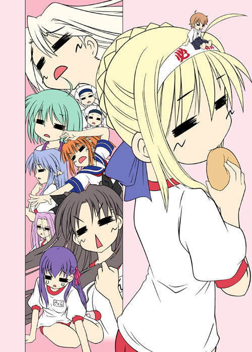artoria pendragon (fate), illyasviel von einzbern, matou sakura, medea (caster) (fate), medea (fate), medusa (fate), medusa (rider) (fate), saber (fate), tohsaka rin, fate/stay night, fate (series), 00s, gym uniform, maid