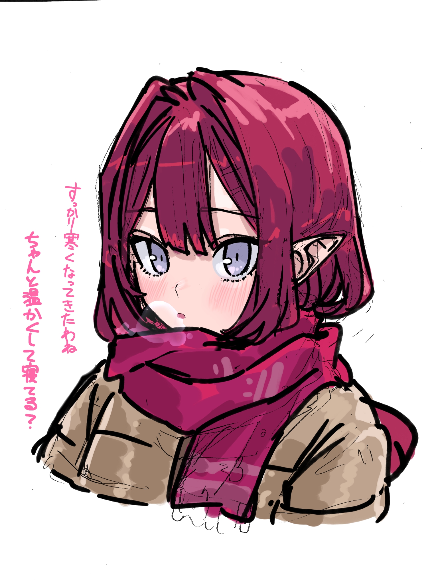niwaikanai, baobhan sith (fate), fate/grand order, fate (series), highres, translation request, 1girl, blush, brown jacket, grey eyes, jacket, long hair, looking at viewer, parted lips, pink hair, pink scarf, pointy ears, scarf, sidelocks, solo