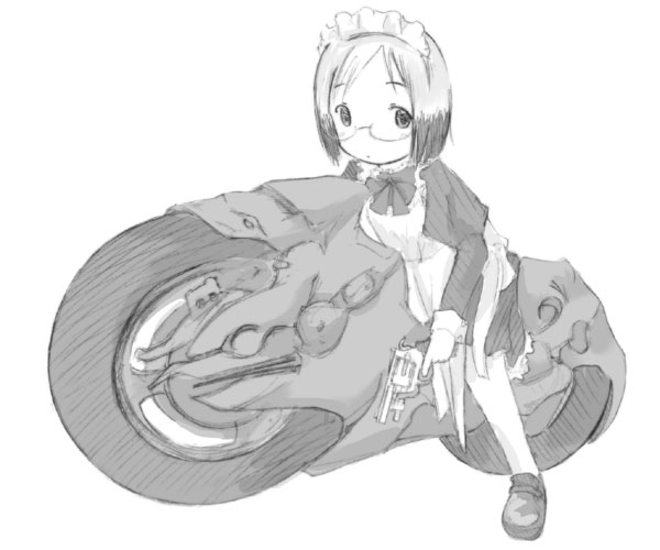 sakuragi matsuri, ichigo mashimaro, vehicle, 1girl, child, female focus, glasses, maid, monochrome, motor vehicle, motorcycle, simple background, sketch, solo