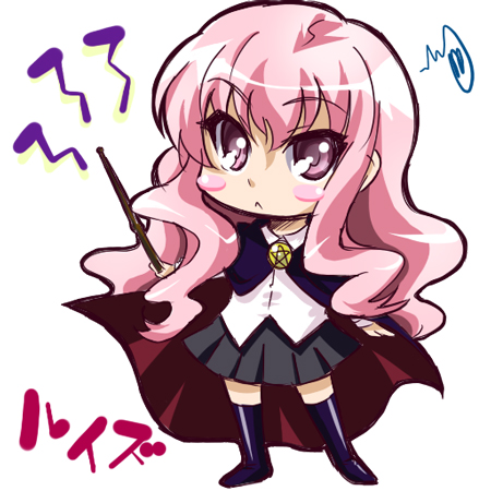 louise francoise le blanc de la valliere, zero no tsukaima, artist request, lowres, non-web source, 00s, 1girl, :<, blush stickers, cape, character name, chibi, female focus, long hair, pentacle, pink eyes, pink hair, school uniform, serafuku, skirt, solo, thighhighs, wand, white background
