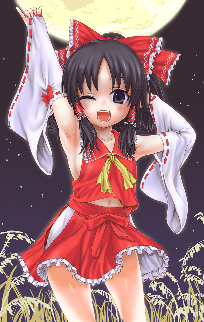 asanagi, hakurei reimu, touhou, 1girl, ;d, armpits, arms up, bow, breasts, detached sleeves, fangs, female focus, full moon, hair bow, hair tubes, japanese clothes, midriff, miko, moon, navel, one eye closed, open mouth, sideboob, small breasts, smile, solo, standing