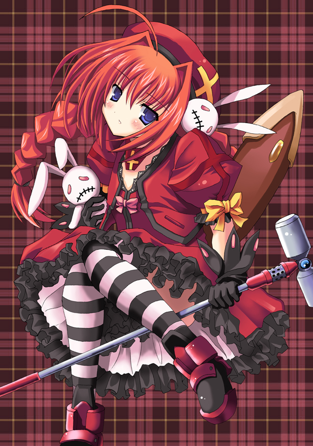 karamiti, graf eisen, vita (nanoha), lyrical nanoha, mahou shoujo lyrical nanoha, mahou shoujo lyrical nanoha a's, 00s, 1girl, ahoge, blue eyes, braid, female focus, gloves, hammer, hat, magical girl, red hair, solo, striped clothes, striped thighhighs, thighhighs, twin braids
