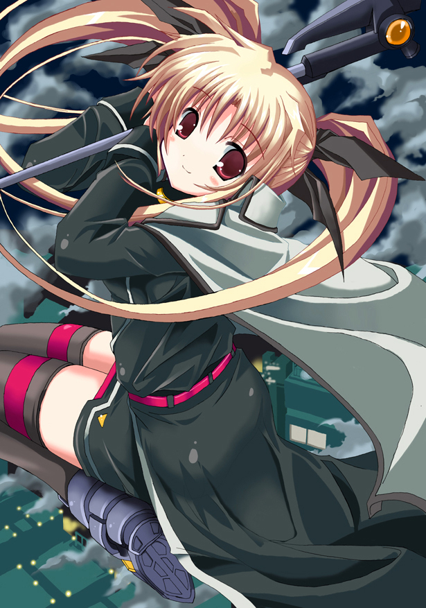 karamiti, bardiche (assault form) (nanoha), bardiche (nanoha), fate testarossa, fate testarossa (impulse form), lyrical nanoha, mahou shoujo lyrical nanoha, mahou shoujo lyrical nanoha strikers, 00s, blonde hair, red eyes, solo, staff, thighhighs, twintails, zettai ryouiki