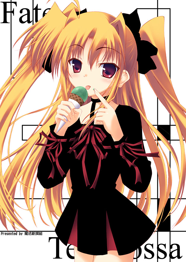 kouzuki hajime, fate testarossa, lyrical nanoha, mahou shoujo lyrical nanoha, 00s, 1girl, artist name, blonde hair, character name, female focus, food, ice cream, ice cream cone, red eyes, solo, twintails