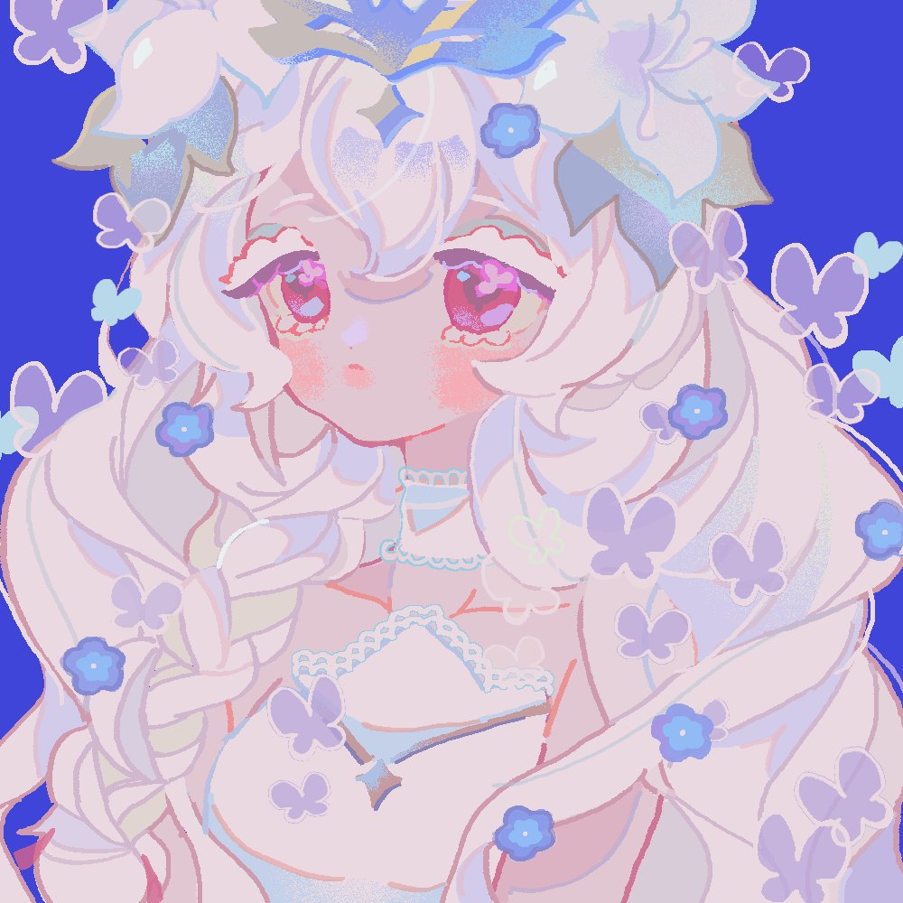 reed, white lily cookie, white lily cookie (moonflower faerie), cookie run, cookie run: kingdom, white lily, commentary, symbol-only commentary, 1girl, arms at sides, bare shoulders, blue background, blue flower, blush, braid, breasts, choker, closed mouth, collarbone, colored eyelashes, double-parted bangs, dress, film grain, flower, flower in eye, frown, grey butterfly, hair between eyes, hair flower, hair ornament, humanization, lace, lace-trimmed choker, lace-trimmed dress, lace trim, leaf, long hair, looking ahead, official alternate costume, official alternate hairstyle, red eyes, side braid, simple background, single braid, small breasts, solo, strapless, strapless dress, symbol in eye, upper body, wavy hair, white choker, white dress, white eyelashes, white flower