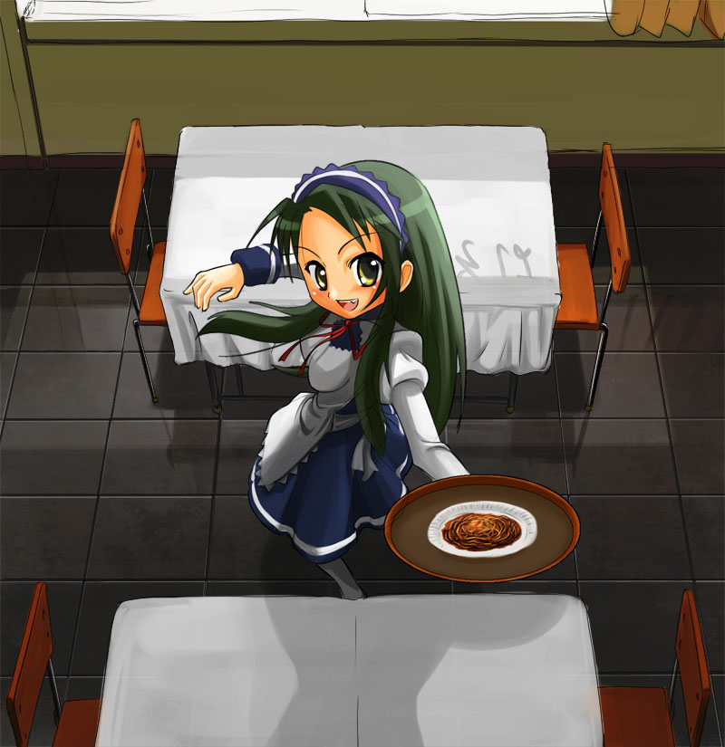 patorishia, patricia (stylish marunage), tsuruya, suzumiya haruhi no yuuutsu, 00s, 1girl, female focus, long hair, maid, pantyhose, solo, very long hair, waitress, yakisoba