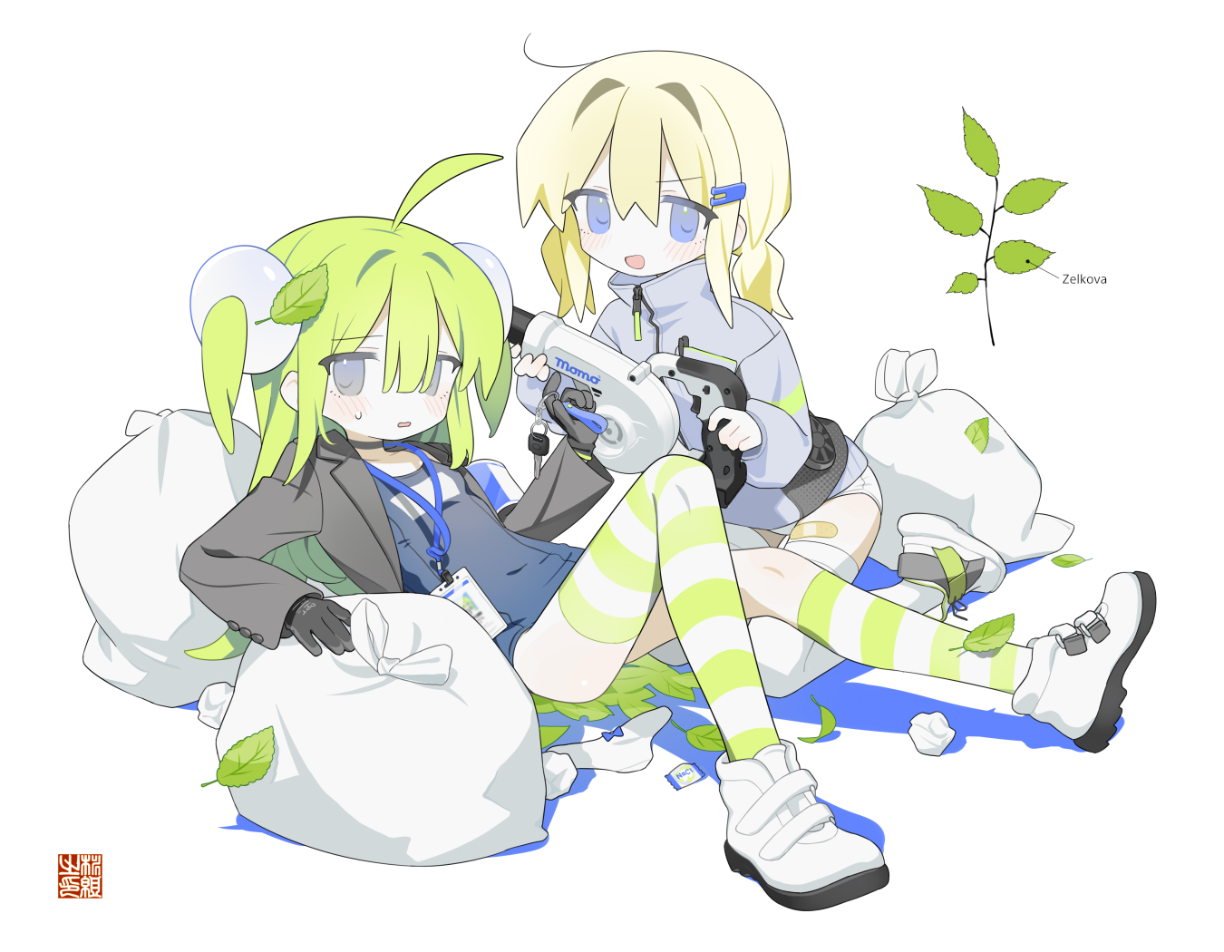 daizu (melon-lemon), original, 2girls, ahoge, asymmetrical legwear, bandaid on thigh, black gloves, blonde hair, blue one-piece swimsuit, full body, gloves, green hair, grey jacket, hair ornament, hairclip, holding, holding key, id card, jacket, key, lapels, leaf, long hair, looking at viewer, multiple girls, notched lapels, one-piece swimsuit, open clothes, open jacket, open mouth, panties, parted lips, school swimsuit, seal impression, shoes, sitting, socks, striped clothes, striped socks, striped thighhighs, sweat, swimsuit, swimsuit under clothes, thighhighs, trash bag, twig, two side up, underwear, uneven legwear, unworn panties, used tissue, white shoes, white thighhighs