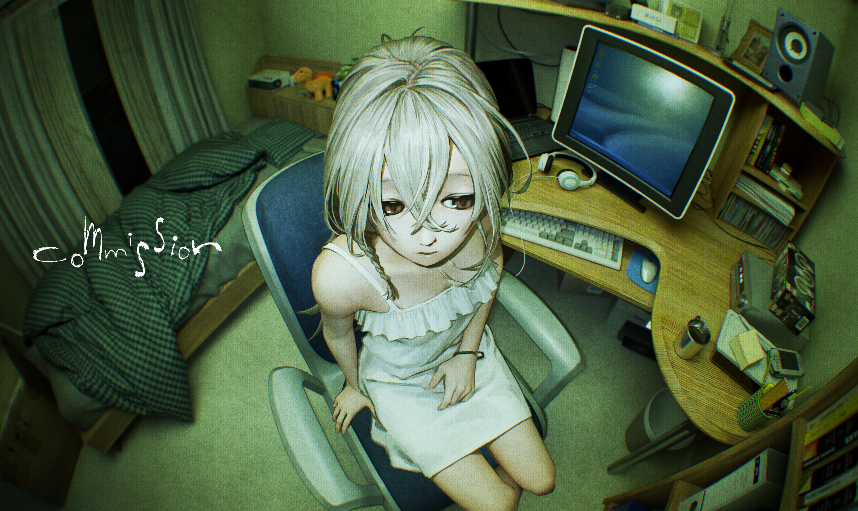 kanikumi toi, original, absurdres, commission, highres, mixed media, 1girl, bare shoulders, bed, braid, breasts, brown eyes, chair, desk, dress, expressionless, from above, hair between eyes, indoors, long hair, looking down, monitor, side braid, sitting, small breasts, solo, speaker, white dress, white hair