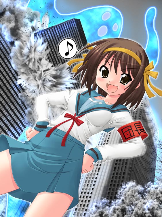 hase yu, suzumiya haruhi, suzumiya haruhi no yuuutsu, 00s, bow, brown eyes, brown hair, hairband, musical note, ribbon, school uniform, serafuku, smile, solo, speech bubble
