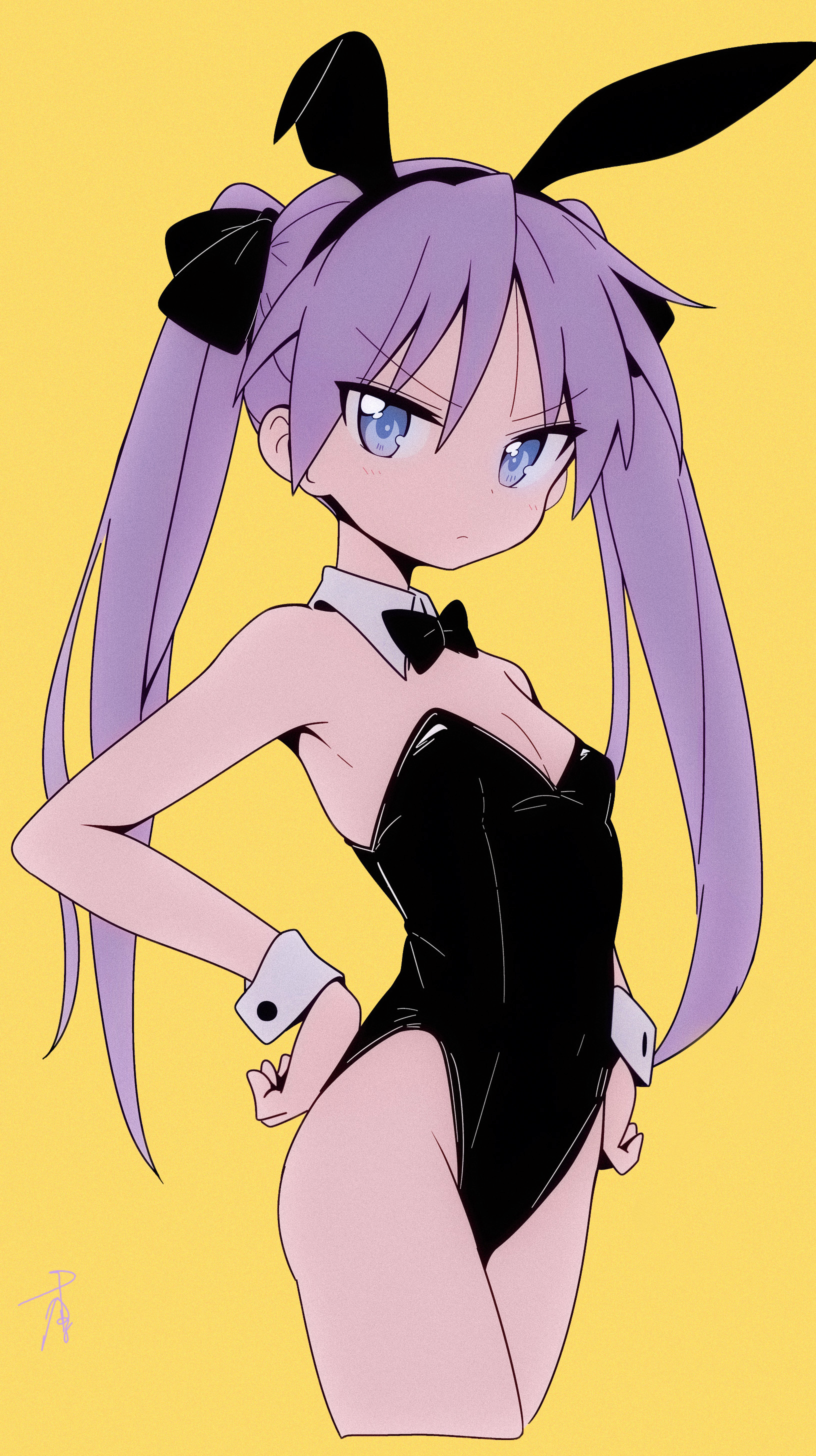 hiiragi kagami, lucky star, absurdres, highres, 1girl, animal ears, bare arms, bare legs, black bow, black bowtie, black hairband, black leotard, blue eyes, bow, bowtie, breasts, cleavage, cropped legs, detached collar, fake animal ears, gnlop, hairband, hand on own hip, highleg, highleg leotard, leotard, looking at viewer, purple hair, rabbit ears, signature, simple background, small breasts, solo, strapless, strapless leotard, twintails, v-shaped eyebrows, white wrist cuffs, wing collar, wrist cuffs, yellow background
