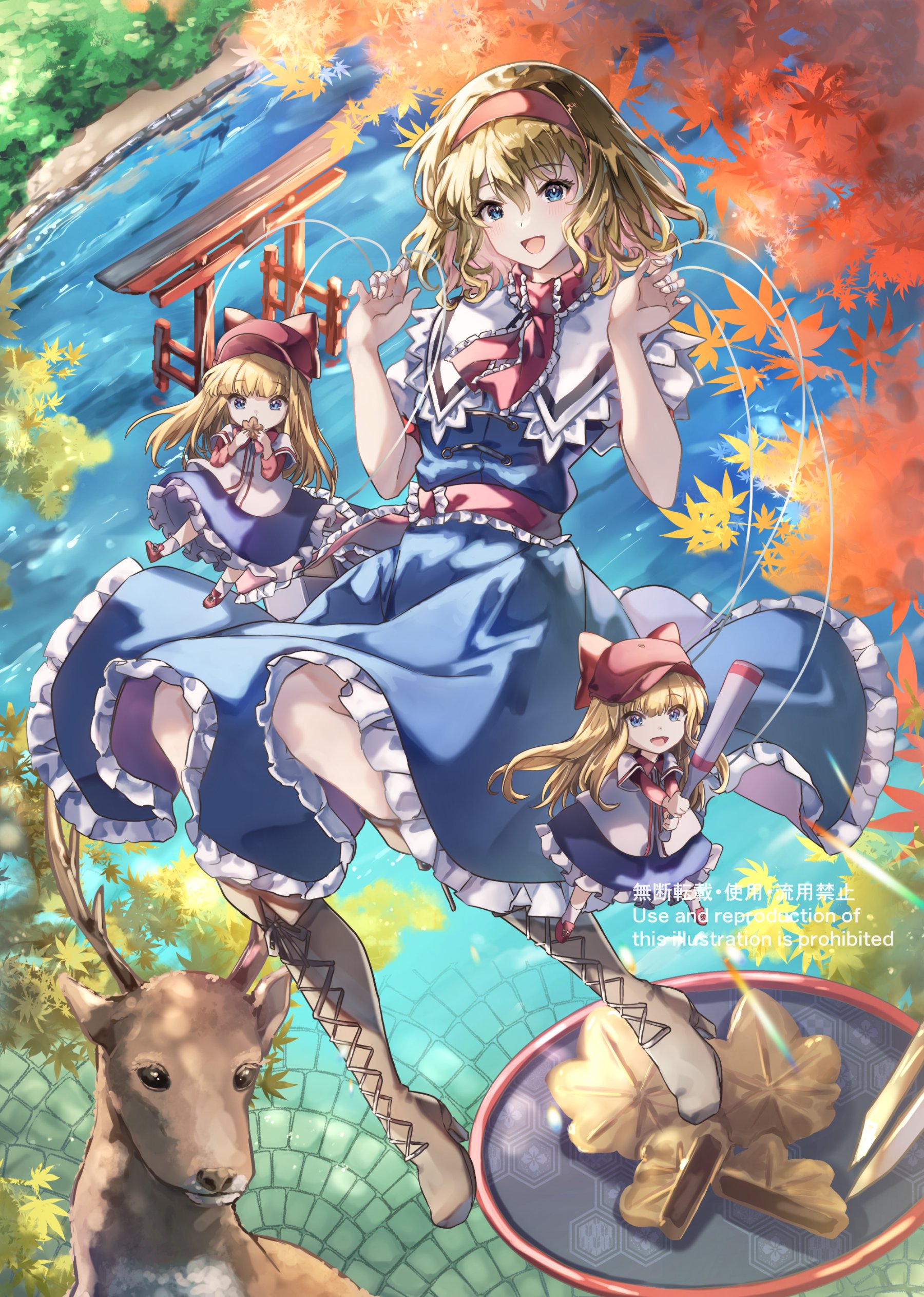 nanop38, alice margatroid, touhou, absurdres, commentary request, highres, 1girl, :d, autumn leaves, baseball bat, baseball cap, baseball uniform, blonde hair, blue dress, blue eyes, boots, brown boots, capelet, deer, doll, dress, foliage, food, frilled dress, frilled ribbon, frills, hairband, hands up, hat, holding, holding baseball bat, holding food, jewelry, knees, lake, leaf, light blush, long hair, looking at viewer, medium hair, momiji manjuu, open mouth, pavement, plate, puppet rings, puppet strings, red hairband, red hat, red ribbon, red sash, ribbon, ring, sash, short sleeves, smile, solo, sportswear, torii, water, watermark, white capelet