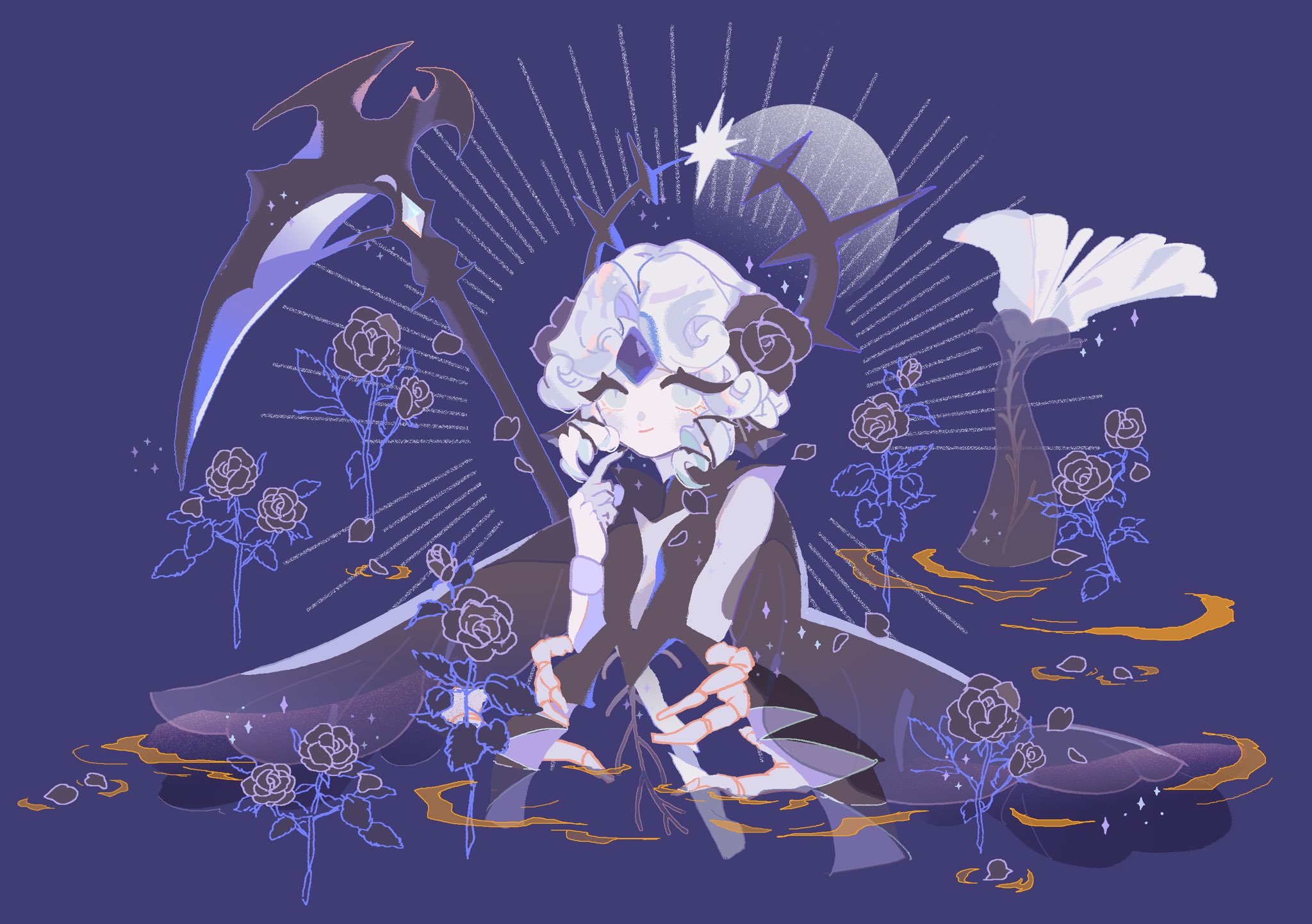 reed, black pearl cookie, cookie run, cookie run: kingdom, commentary, highres, symbol-only commentary, 1girl, bare shoulders, black flower, black pearl cookie (sovereign of the abyss), black petals, black rose, black shirt, blue background, breasts, cleavage cutout, closed mouth, clothing cutout, colored skin, curly hair, drill hair, drill sidelocks, fish skeleton, flipped bangs, flower, full body, gloves, hair flower, hair ornament, hand up, holding, holding scythe, humanization, leaf, legs apart, looking at viewer, mermaid, monster girl, official alternate costume, official alternate hair length, official alternate hairstyle, rose, scythe, shirt, short hair, sidelocks, simple background, slit pupils, small breasts, smile, solo, sparkle, white gloves, white hair, white skin