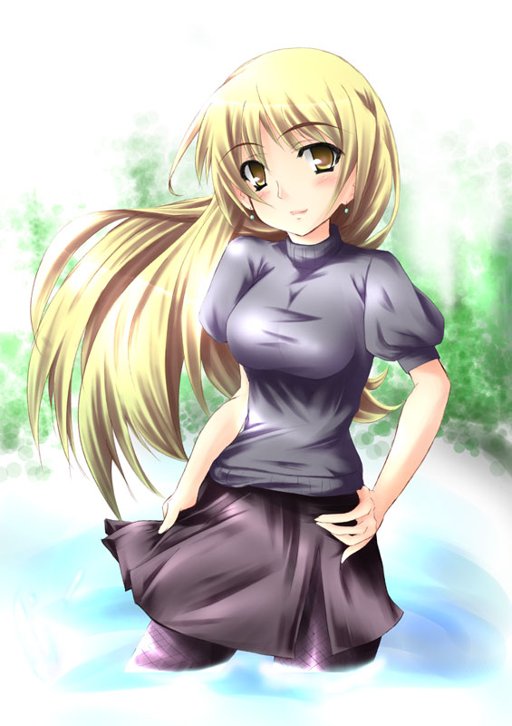 tekehiro, tagme, 1girl, blonde hair, breasts, earrings, female focus, jewelry, long hair, looking at viewer, outdoors, partially submerged, plant, skirt, solo, standing, water, yellow eyes