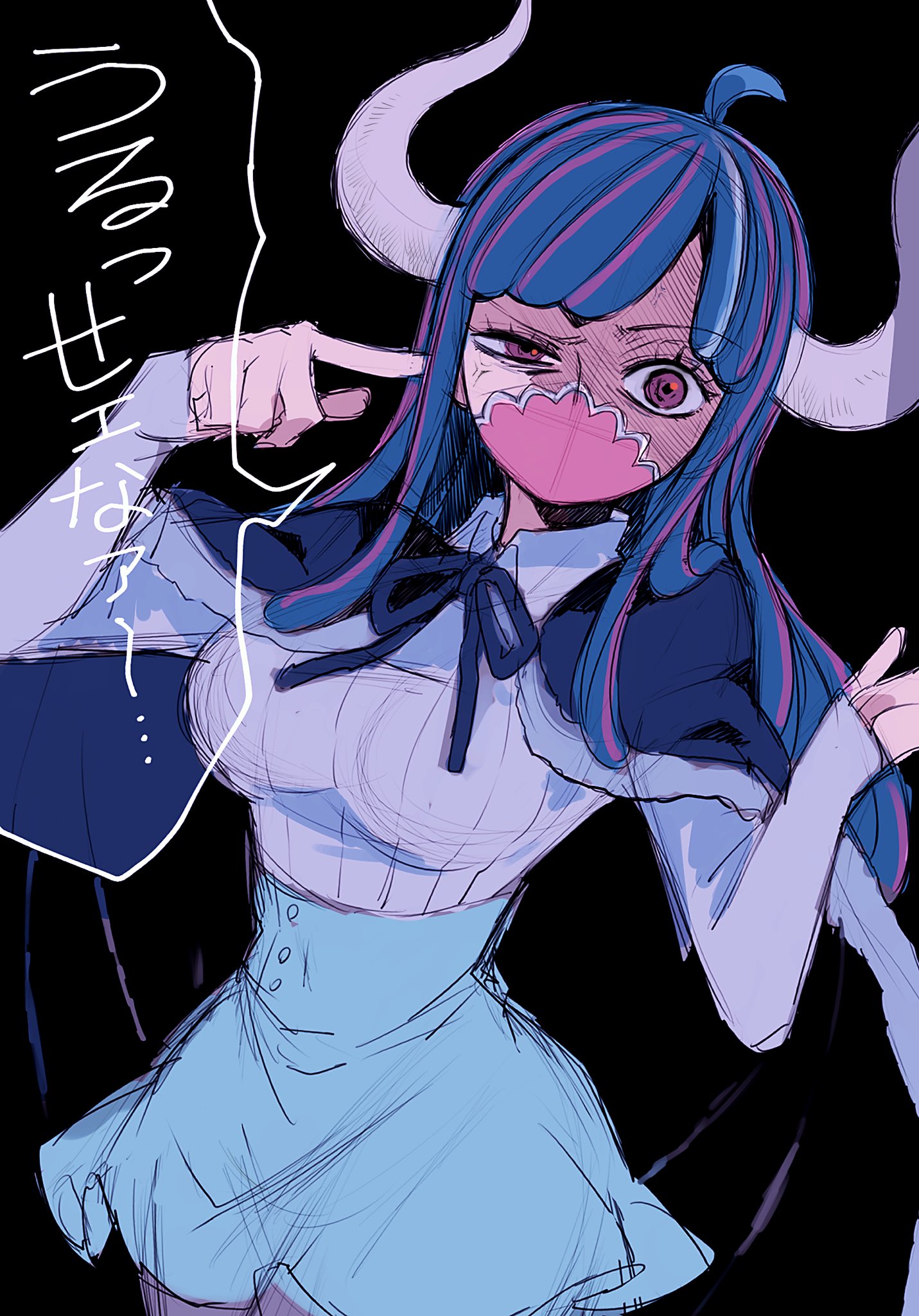 ikuchi osutega, ulti (one piece), one piece, highres, translation request, 1girl, ahoge, black background, blue capelet, blue hair, blue skirt, breasts, capelet, collared shirt, cowboy shot, horns, large breasts, long hair, long sleeves, mask, mouth mask, neck ribbon, pink eyes, pointing, pointing at self, ribbon, shirt, skirt, solo, speech bubble, white shirt