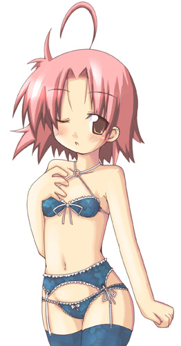 yuuno (artist), yuuno takanari, kogami akira, lucky star, lowres, 00s, 1girl, aged down, ahoge, blush, bow, bra, female focus, flat chest, garter belt, lace, lingerie, one eye closed, panties, pink hair, red hair, short hair, solo, suspenders, thighhighs, underwear, underwear only, wink, yellow eyes, zettai ryouiki