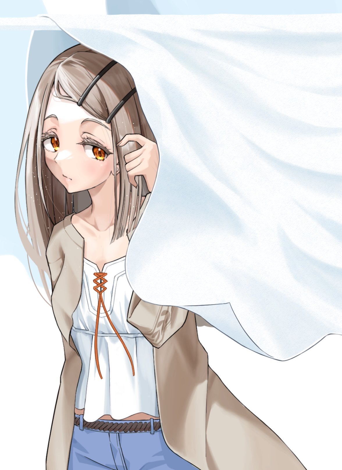 chipushishi, shinosawa hiro, gakuen idolmaster, idolmaster, highres, 1girl, camisole, curtains, expressionless, flat chest, grey hair, jacket, long hair, looking at viewer, open clothes, open jacket, orange eyes, shorts, solo, white camisole