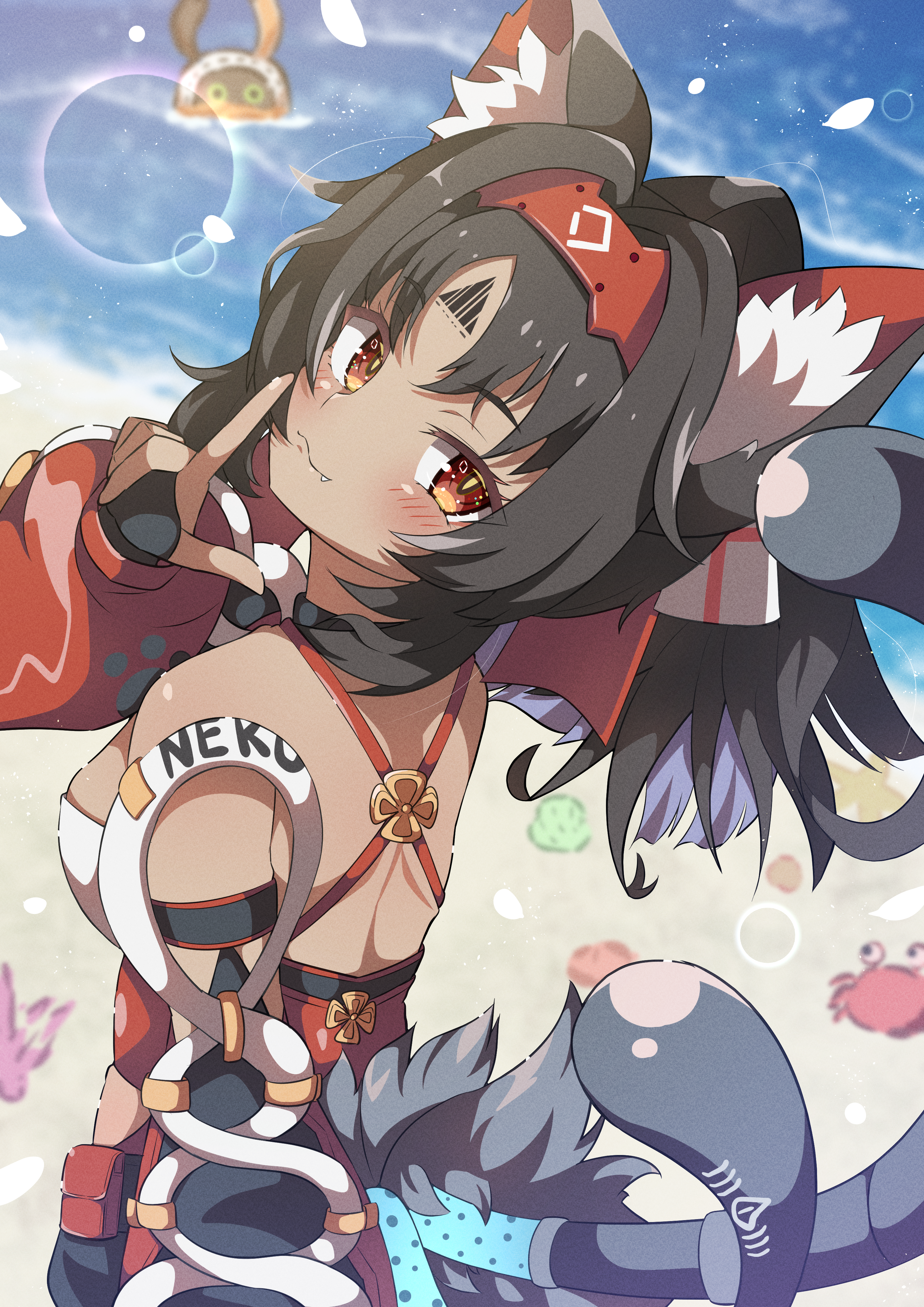 mikoshi (user wvyd4348), eous (zenless zone zero), nekomiya mana, zenless zone zero, absurdres, commentary request, highres, 1girl, animal ear fluff, animal ears, beach, black hair, blush, cat ears, cat girl, cat tail, closed mouth, dark-skinned female, dark skin, detached sleeves, facial mark, fang, forehead tattoo, from side, hair intakes, hairband, hand up, looking at viewer, looking back, multiple tails, outdoors, red eyes, red hairband, short hair, standing, tail, tattoo, triangle, triangle facial mark, two tails, v