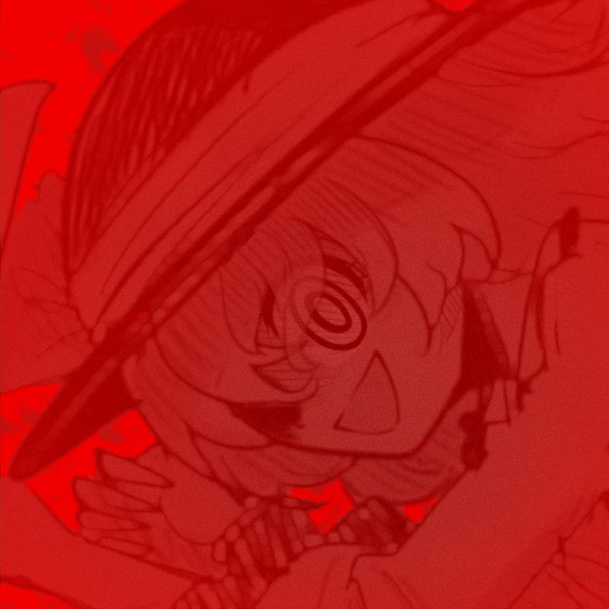 joyfull (terrace), komeiji koishi, touhou, urban legend in limbo, highres, :d, frilled shirt collar, frills, hat, hat ribbon, heart, long sleeves, monochrome, muisiki rekuiemu, open mouth, red theme, ribbon, simple background, smile, third eye, upper body, wide sleeves