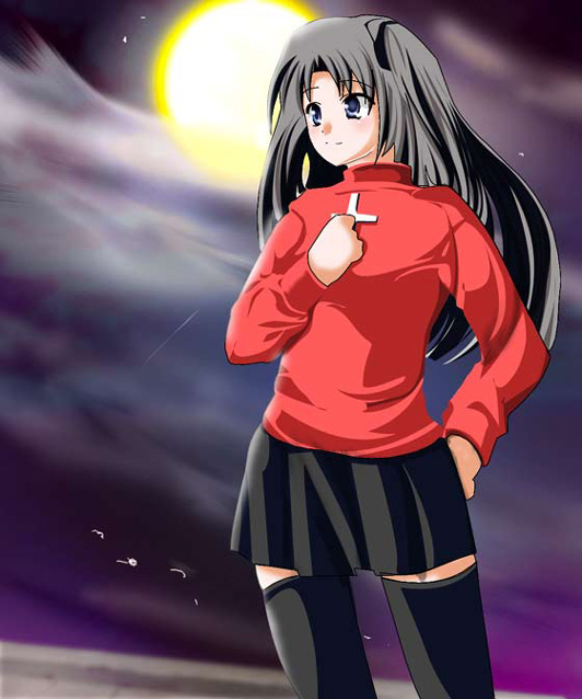 ruku (alicecreation), tohsaka rin, fate/stay night, fate (series), 00s, moon, night, thighhighs