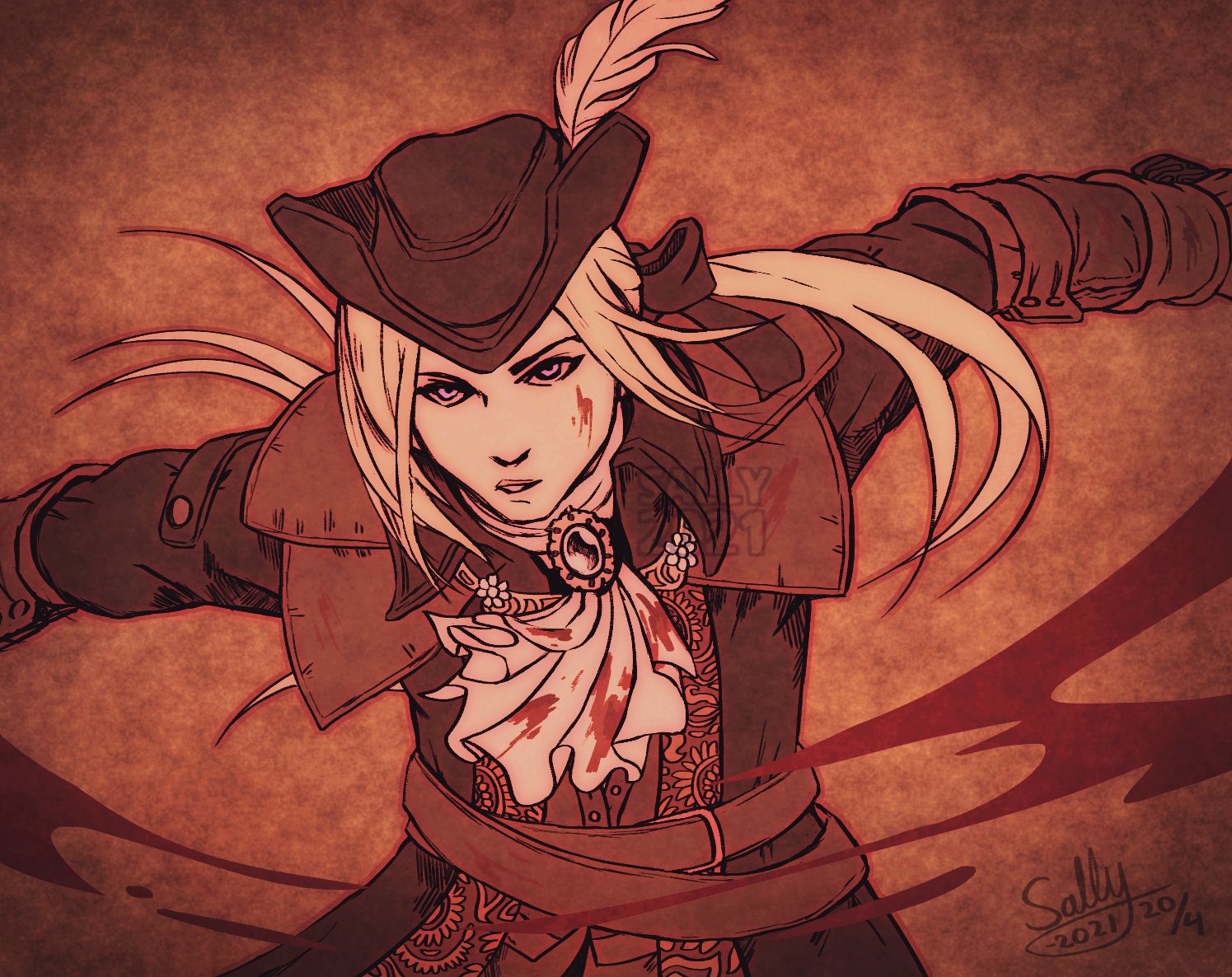 sigmacatdilemma, lady maria of the astral clocktower, bloodborne, clothing request, commentary, 1girl, artist name, belt, blood, blood on cheek, blood on clothes, dated, hat, hat feather, limited palette, long hair, multiple belts, signature, solo, watermark