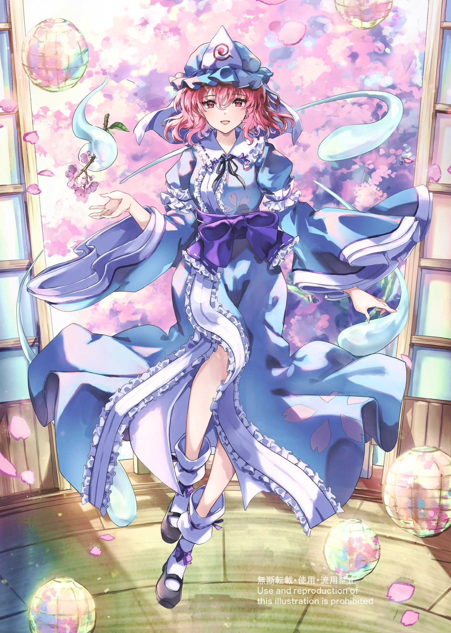 nanop38, saigyouji yuyuko, touhou, commentary request, highres, 1girl, armband, black ribbon, black shoes, blue dress, blue hat, blue sash, branch, cherry blossom print, cherry blossoms, collar, disco ball, dress, falling petals, floral print, floral print kimono, flower, frilled armband, frilled collar, frills, full body, ghost, hat, japanese clothes, kimono, knees, lantern, light blush, long sleeves, looking at viewer, mary janes, medium hair, mob cap, open mouth, paper lantern, petals, pink eyes, pink flower, pink hair, pink petals, print kimono, ribbon, sash, shoes, shouji, sliding doors, smile, socks, solo, tatami, triangular headpiece, white collar, white socks