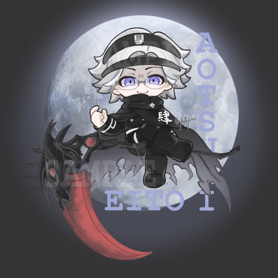 aotsuki eito, the hundred line -last defense academy-, chinese commentary, commentary request, partial commentary, 1boy, black background, black boots, black cloak, black pants, boots, character name, chibi, chibi only, cloak, crossed legs, evil smile, eyeliner, floating, floating object, floating weapon, glasses, grey hair, hand up, headgear, last defense academy school uniform, looking at viewer, makeup, male focus, moon, pants, purple eyes, red eyeliner, sample watermark, school uniform, scythe, short hair, sitting on weapon, smile, solo, watermark, weapon, yinfish798