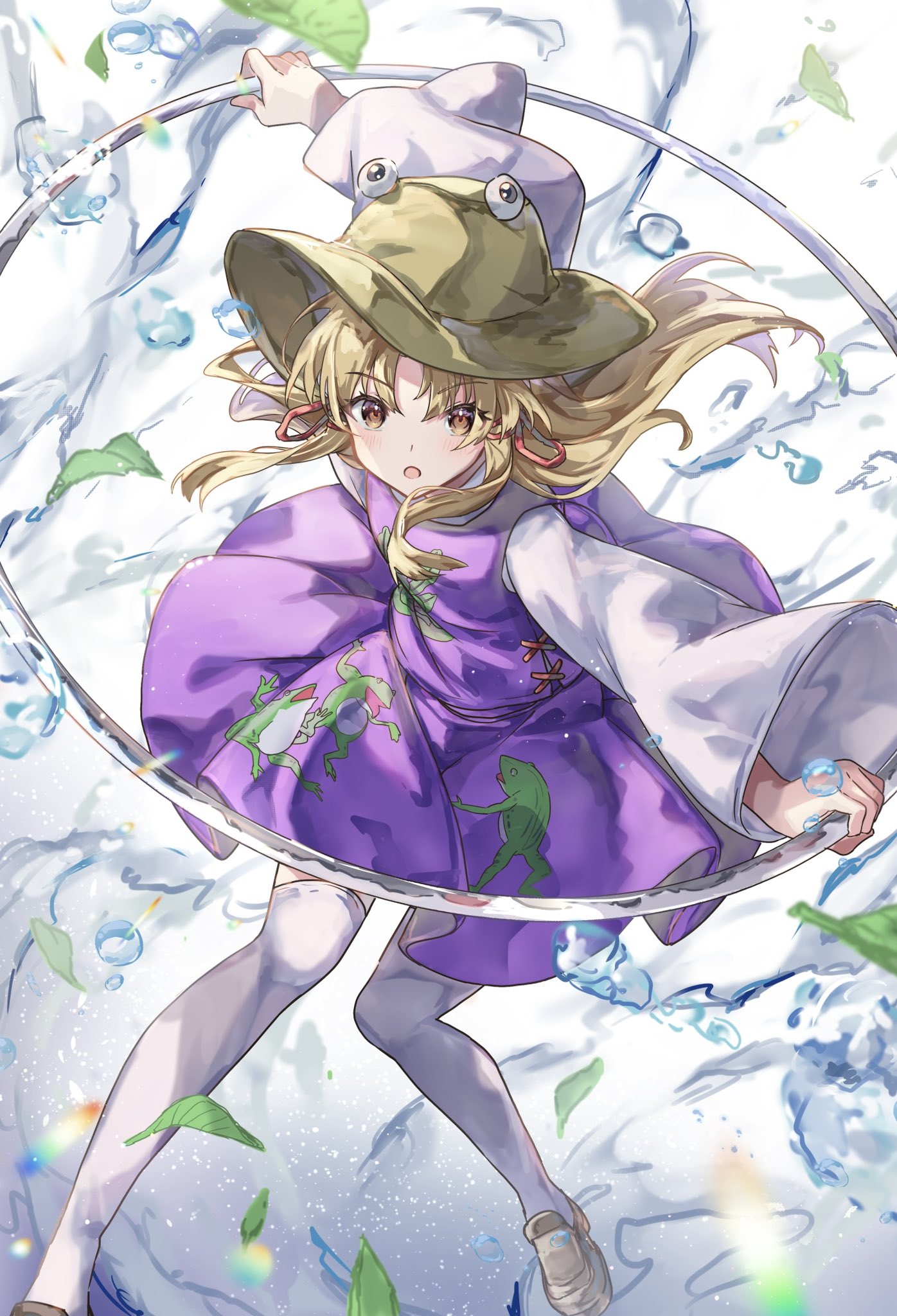 nanop38, moriya suwako, touhou, commentary request, highres, 1girl, animal print, blonde hair, brown eyes, brown hat, brown shoes, falling leaves, foot out of frame, frog print, from above, hair ribbon, hat, holding hoop, leaf, light blush, long hair, long sleeves, looking at viewer, looking up, open mouth, purple skirt, purple vest, red ribbon, ribbon, shirt, shoes, sidelocks, skirt, solo, thighhighs, vest, water, water drop, white shirt, white thighhighs