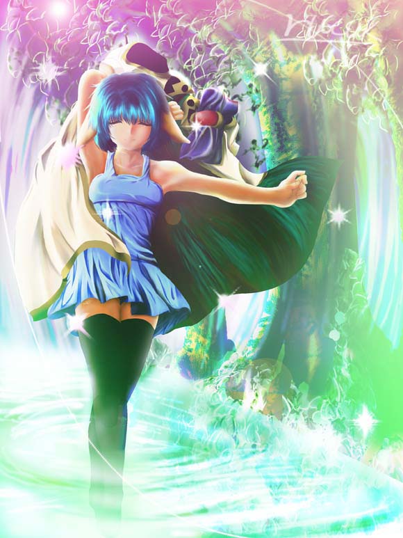 ruku (alicecreation), mint blancmanche, galaxy angel, tagme, 00s, 1girl, animal ears, armpits, black thighhighs, blue hair, character name, closed eyes, coat, dress, female focus, forest, lens flare, nature, outdoors, short dress, short hair, solo, thighhighs, tree, unworn coat, water, zettai ryouiki