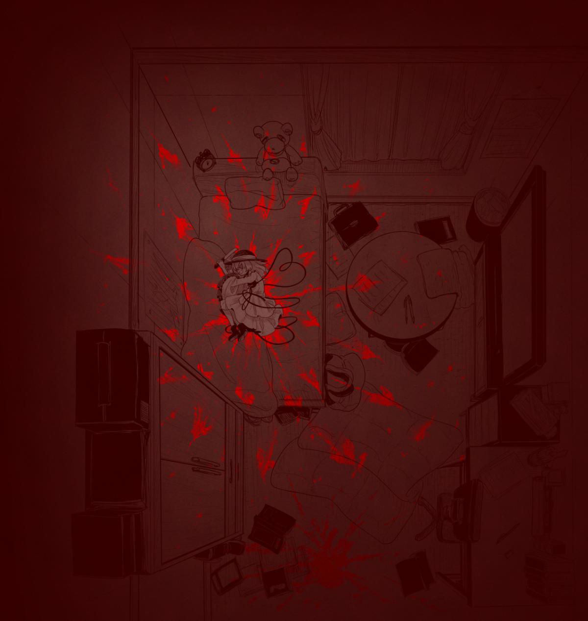 joyfull (terrace), komeiji koishi, touhou, urban legend in limbo, highres, 1girl, blood, blood splatter, chibi, from above, hat, monochrome, muisiki rekuiemu, red theme, short hair, solo, spot color