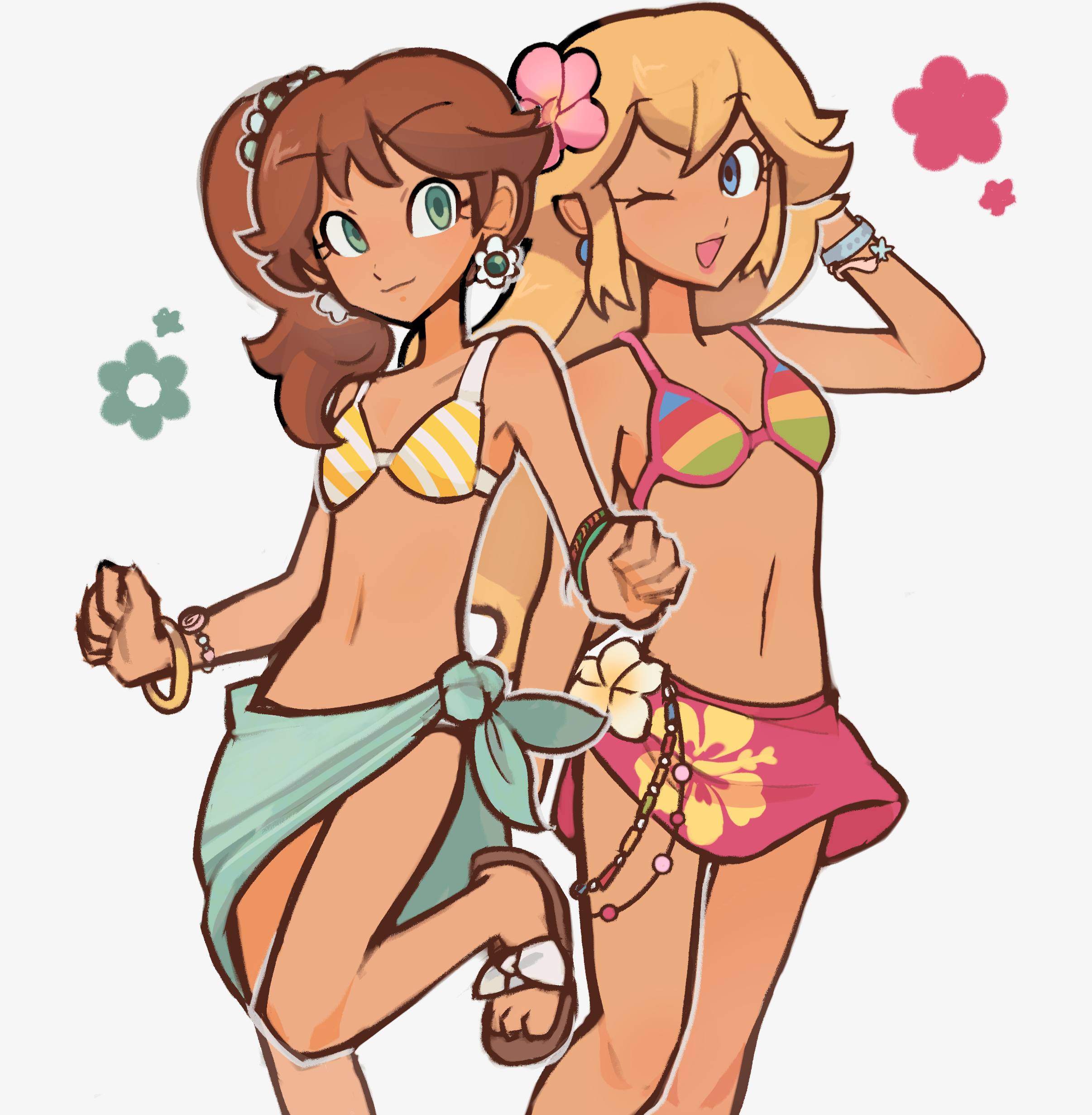 princess daisy, princess peach, mario (series), nintendo, absurdres, commentary request, highres, mixed-language commentary, 2girls, ;d, bikini, blonde hair, blue eyes, blue sarong, bracelet, brown hair, brown sandals, closed mouth, earrings, eyelashes, flower, flower earrings, hair flower, hair ornament, jewelry, long hair, maqa xn0, multiple girls, one eye closed, open mouth, outline, pink flower, pink sarong, sandals, sarong, side ponytail, simple background, smile, standing, standing on one leg, stomach, swimsuit