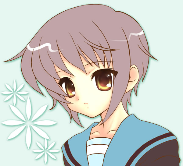 sugar-f, nagato yuki, suzumiya haruhi no yuuutsu, 00s, 1girl, brown eyes, female focus, purple hair, school uniform, serafuku, short hair, solo