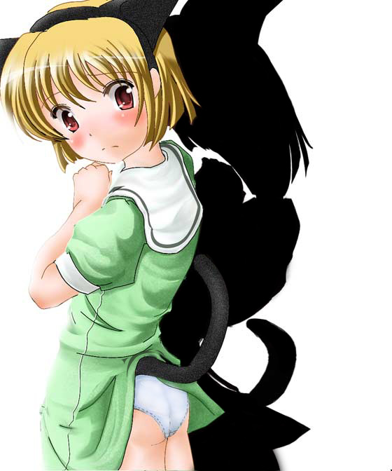 ruku (alicecreation), houjou satoko, higurashi no naku koro ni, 00s, 1girl, animal ears, ass, blonde hair, blush, cat ears, cat tail, female focus, hairband, no legwear, panties, red eyes, school uniform, serafuku, shadow, short hair, solo, tail, underwear, white panties