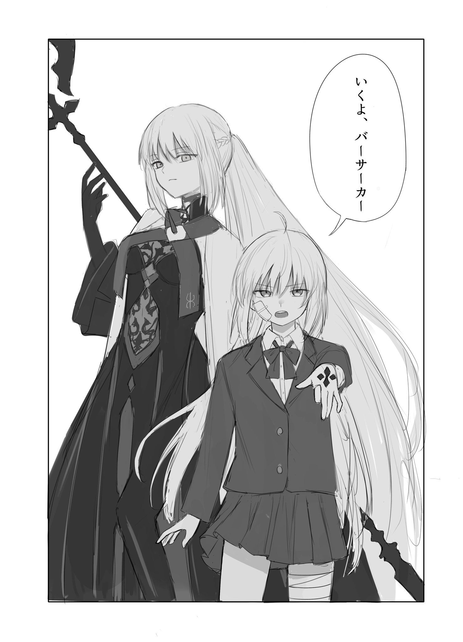 rurubusandayo, artoria caster (fate), artoria pendragon (fate), morgan le fay (fate), morgan le fay (queen of winter) (fate), fate/grand order, fate (series), highres, 2girls, black dress, black gloves, bow, bowtie, braid, command spell, dress, gloves, hair between eyes, half up braid, holding, holding polearm, holding weapon, jacket, long hair, long sleeves, looking at viewer, monochrome, multiple girls, open mouth, polearm, school uniform, skirt, spikes, standing, twintails, very long hair, weapon